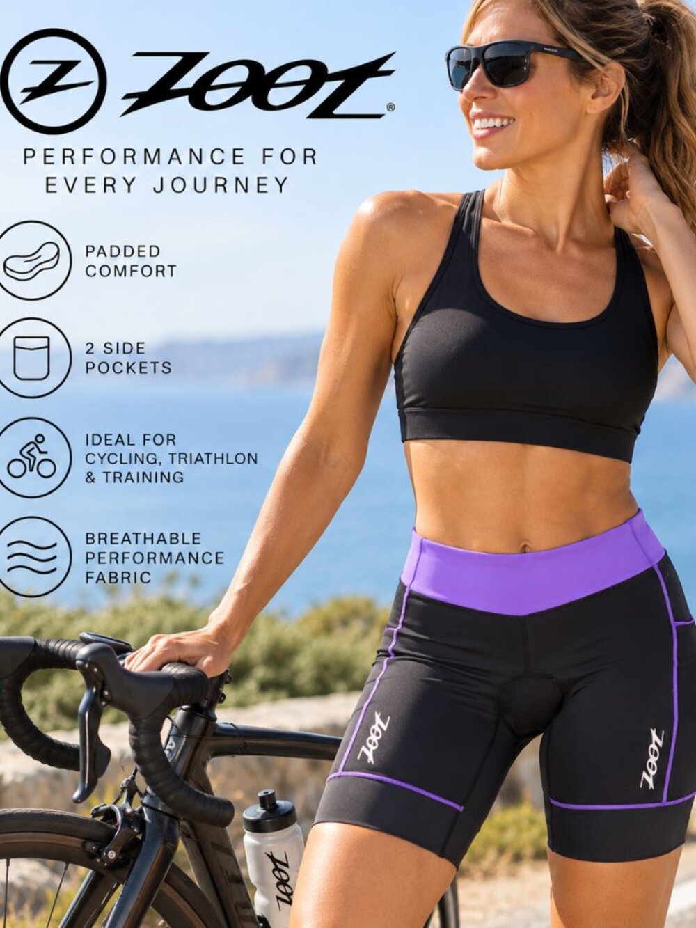 ZOOT Women's Core Triathlon Black/Purple Built-in Cycling Chamois Pad Shorts